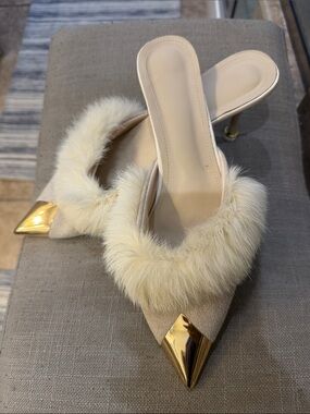 Women’s Cream Faux Fur Pointed Mule with Gold Toe